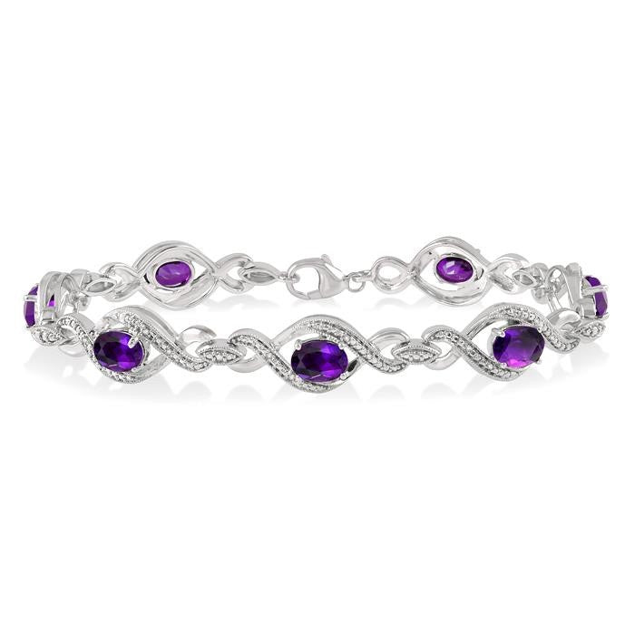 7x5 MM Oval Cut Amethyst and 1/10 Ctw Round Cut Diamond Semi-Precious Bracelet in Sterling Silver