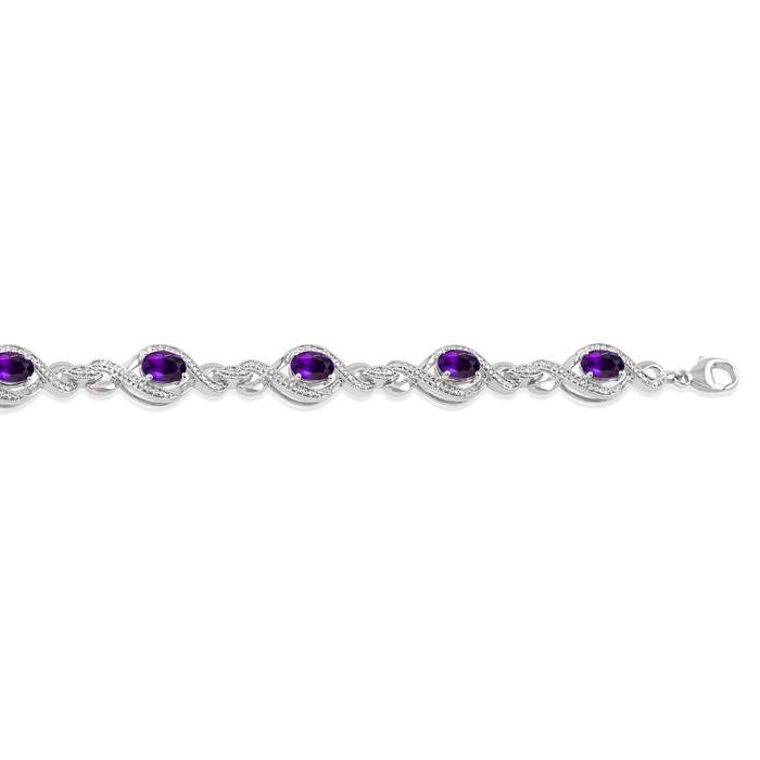 7x5 MM Oval Cut Amethyst and 1/10 Ctw Round Cut Diamond Semi-Precious Bracelet in Sterling Silver