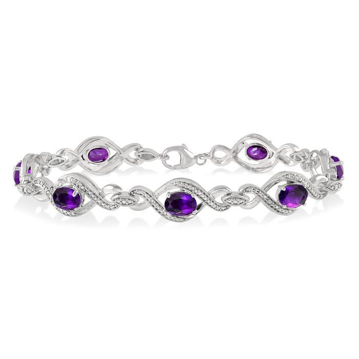 Ripley Silver Oval Shape Amethyst Gemstone & 1/10CTW Diamond Bracelet