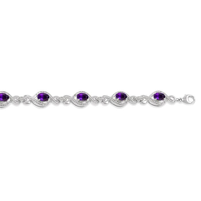 Ripley Silver Oval Shape Amethyst Gemstone & 1/10CTW Diamond Bracelet