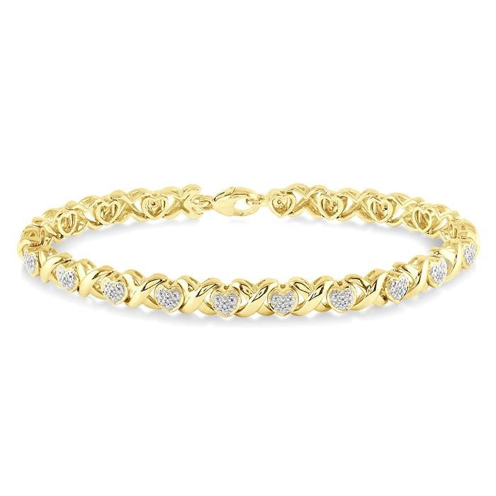 1/10 Ctw 'X' and Heart Round Cut Diamond Bracelet in Yellow Gold Vermeil