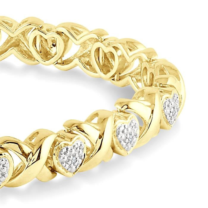 1/10 Ctw 'X' and Heart Round Cut Diamond Bracelet in Yellow Gold Vermeil