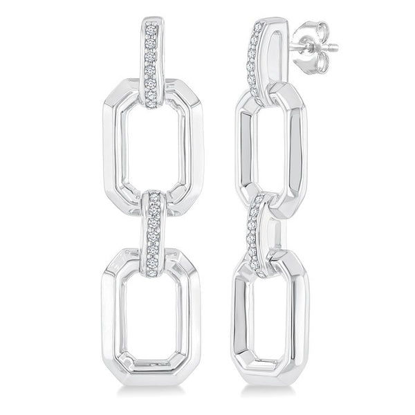 1/10 Ctw Bold Open Window Octagonal Shape D-Link Round Cut Diamond Fashion Earrings in Sterling Silver
