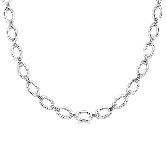 Silver Bold Oval Shape Link Diamond Necklace