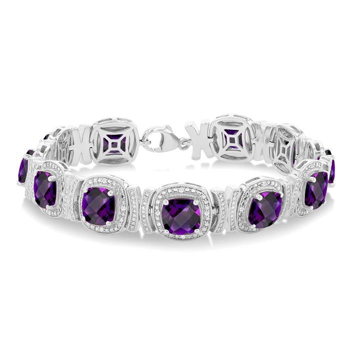 7X7 MM Cushion Shape Amethyst and 1/10 Ctw Round Cut Diamond Semi-Precious Bracelet in Sterling Silver