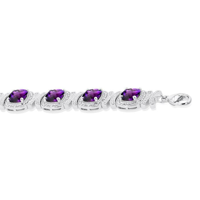 7X7 MM Cushion Shape Amethyst and 1/10 Ctw Round Cut Diamond Semi-Precious Bracelet in Sterling Silver