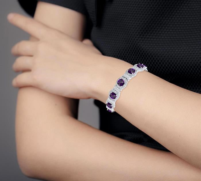 7X7 MM Cushion Shape Amethyst and 1/10 Ctw Round Cut Diamond Semi-Precious Bracelet in Sterling Silver