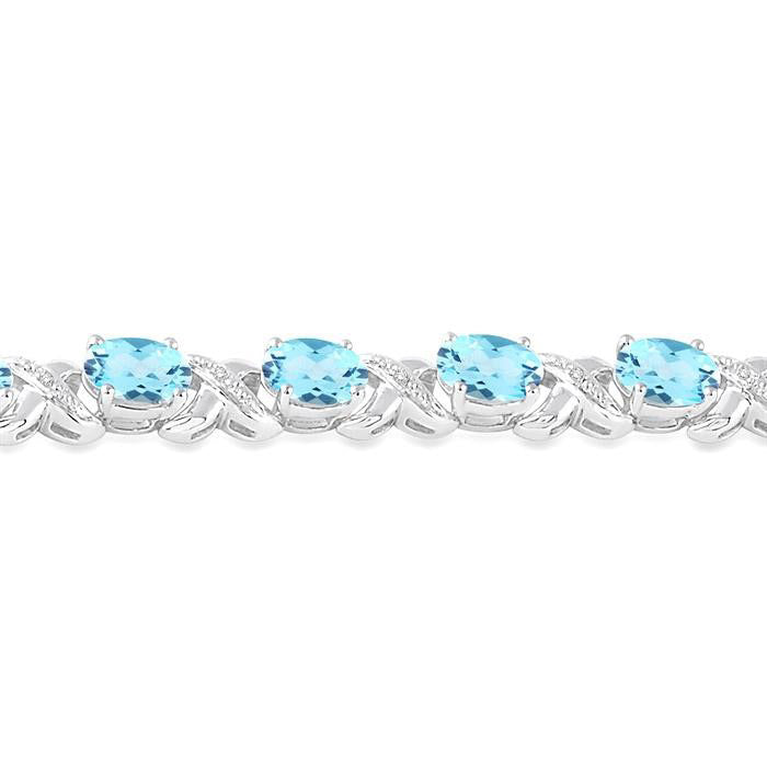 Silver Oval Shape Blue Topaz Gemstone & 1/20CTW Diamond Bracelet