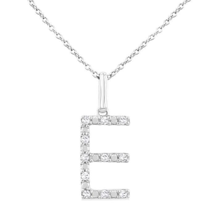 Silver Block 'E' Initial Diamond Pendant