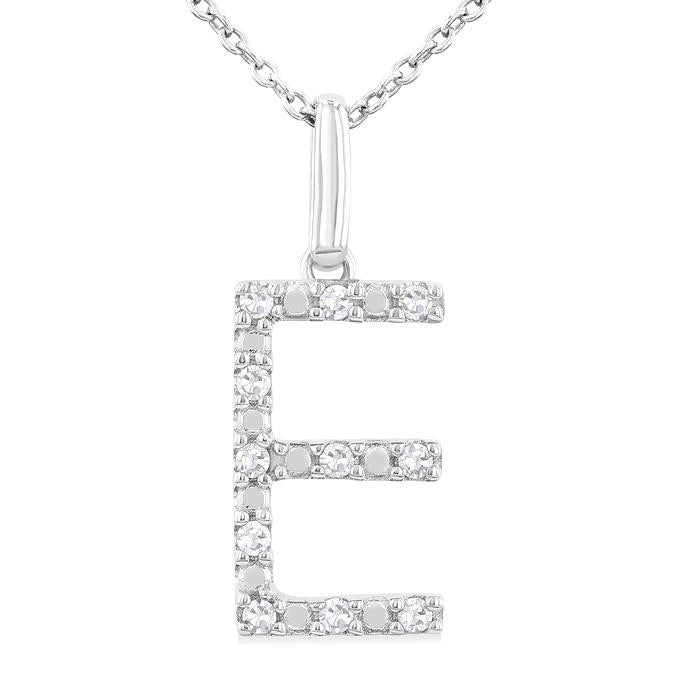 Silver Block 'E' Initial Diamond Pendant