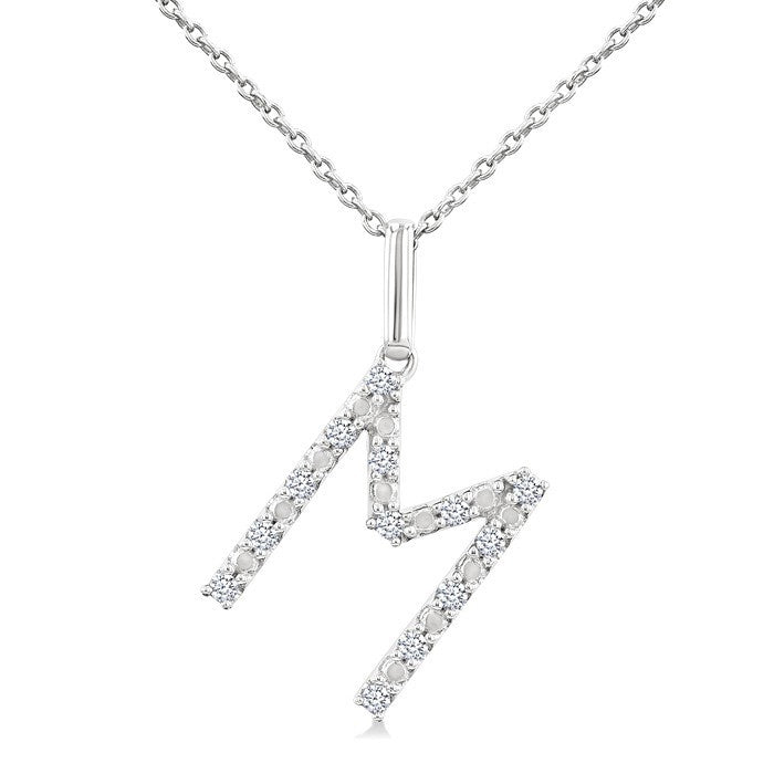 1/10 Ctw Initial 'M' Round Cut Diamond Fashion Pendant With Chain in Sterling Silver