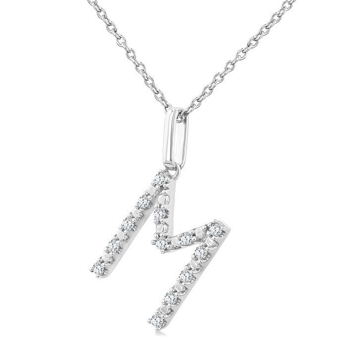 1/10 Ctw Initial 'M' Round Cut Diamond Fashion Pendant With Chain in Sterling Silver
