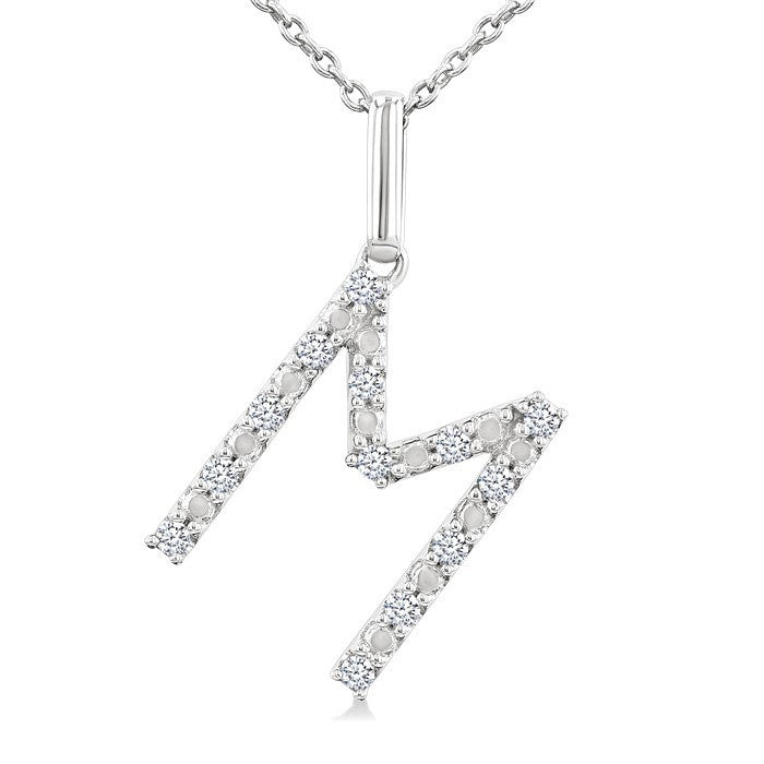 1/10 Ctw Initial 'M' Round Cut Diamond Fashion Pendant With Chain in Sterling Silver