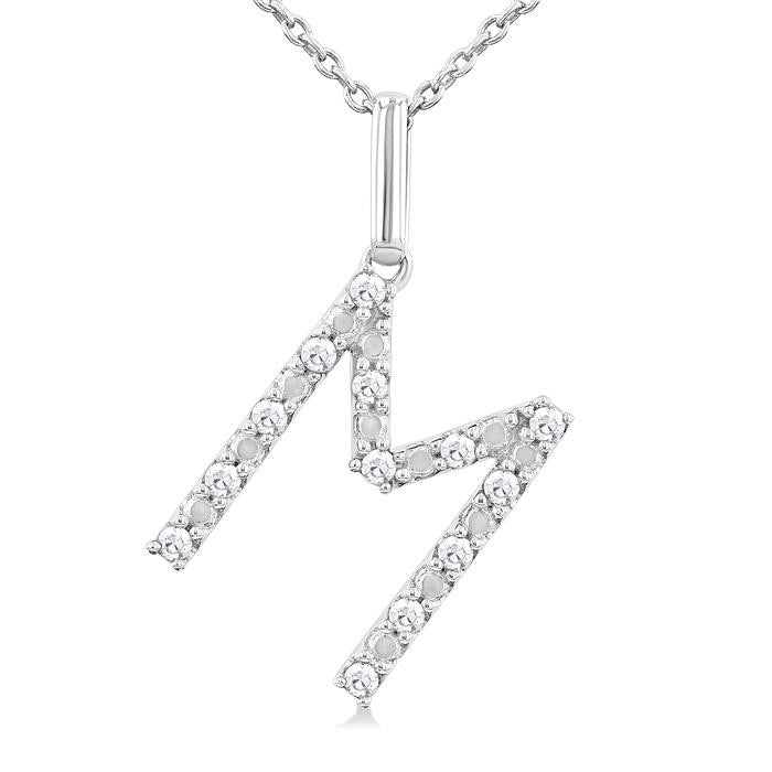 Silver Block 'M' Initial Diamond Pendant