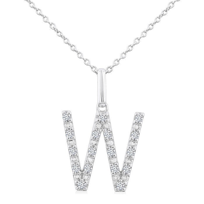 1/8 Ctw Initial 'W' Round Cut Diamond Fashion Pendant With Chain in Sterling Silver