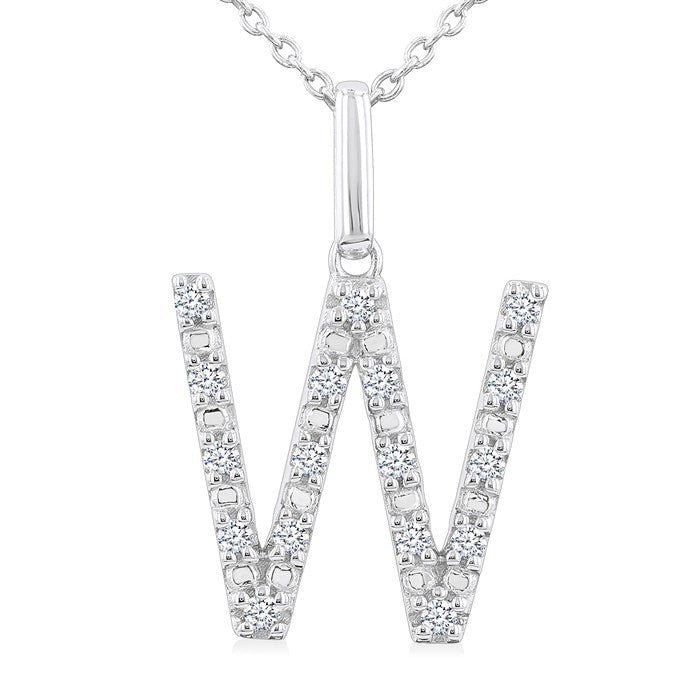 1/8 Ctw Initial 'W' Round Cut Diamond Fashion Pendant With Chain in Sterling Silver