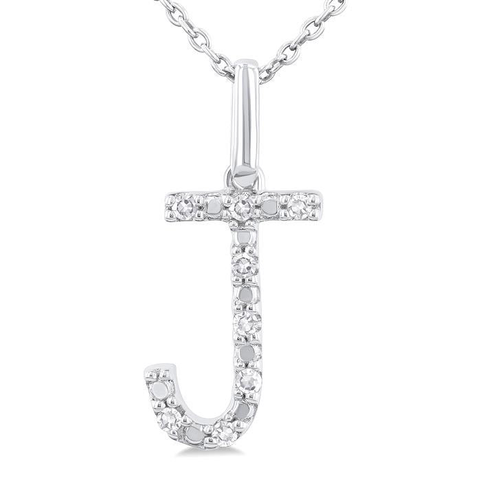 Silver Block 'J' Initial Diamond Pendant