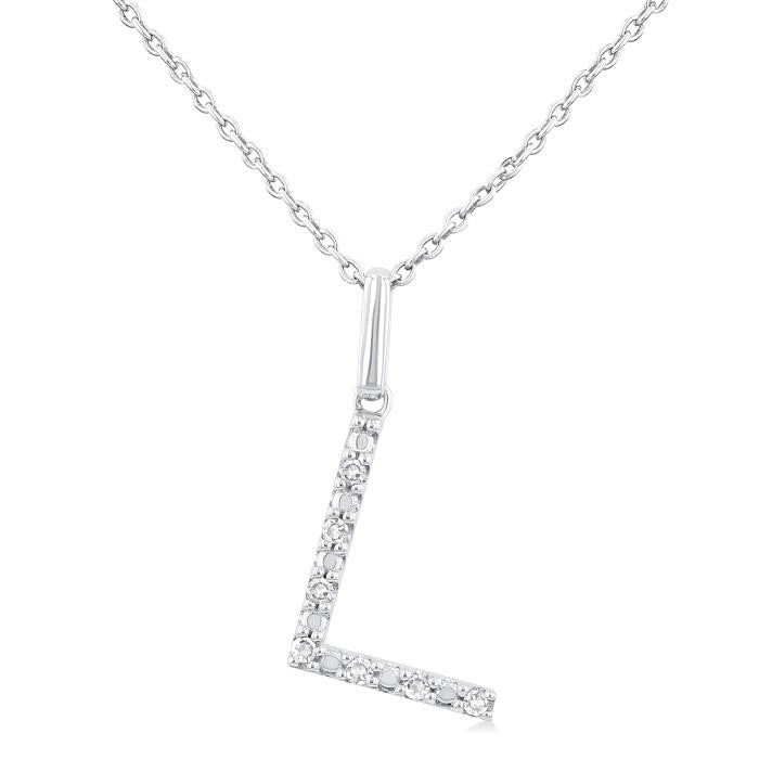 Silver Block 'L' Initial Diamond Pendant