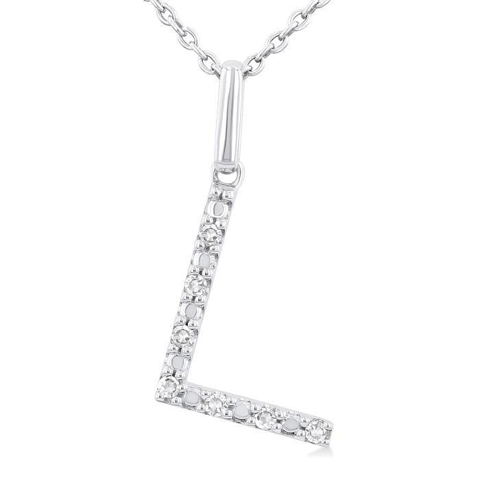 Silver Block 'L' Initial Diamond Pendant