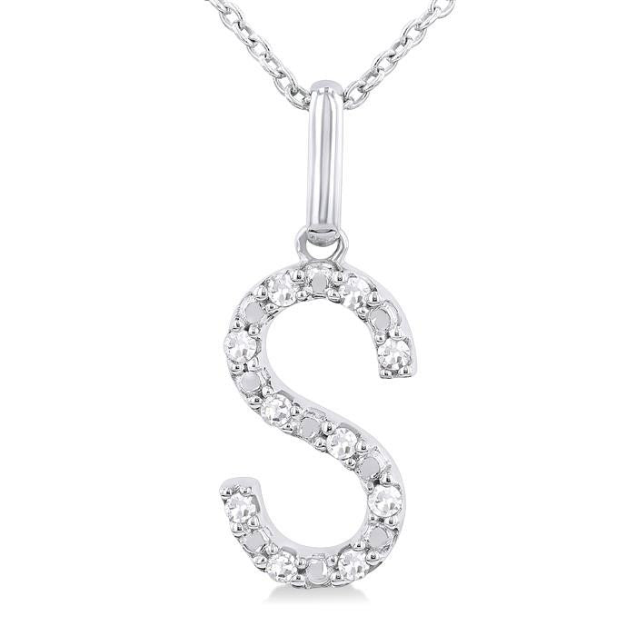 Silver Block 'S' Initial Diamond Pendant