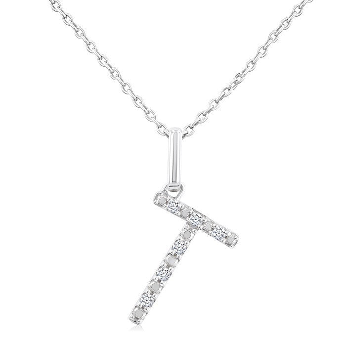 1/20 Ctw Initial 'T' Round Cut Diamond Fashion Pendant With Chain in Sterling Silver