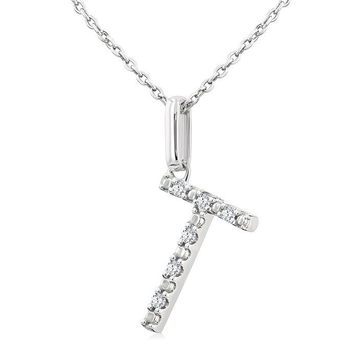 1/20 Ctw Initial 'T' Round Cut Diamond Fashion Pendant With Chain in Sterling Silver