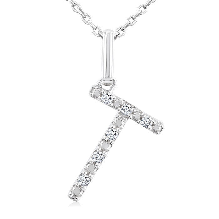 1/20 Ctw Initial 'T' Round Cut Diamond Fashion Pendant With Chain in Sterling Silver