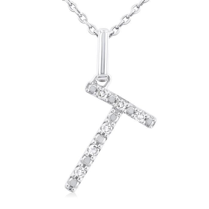 Silver Block 'T' Initial Diamond Pendant