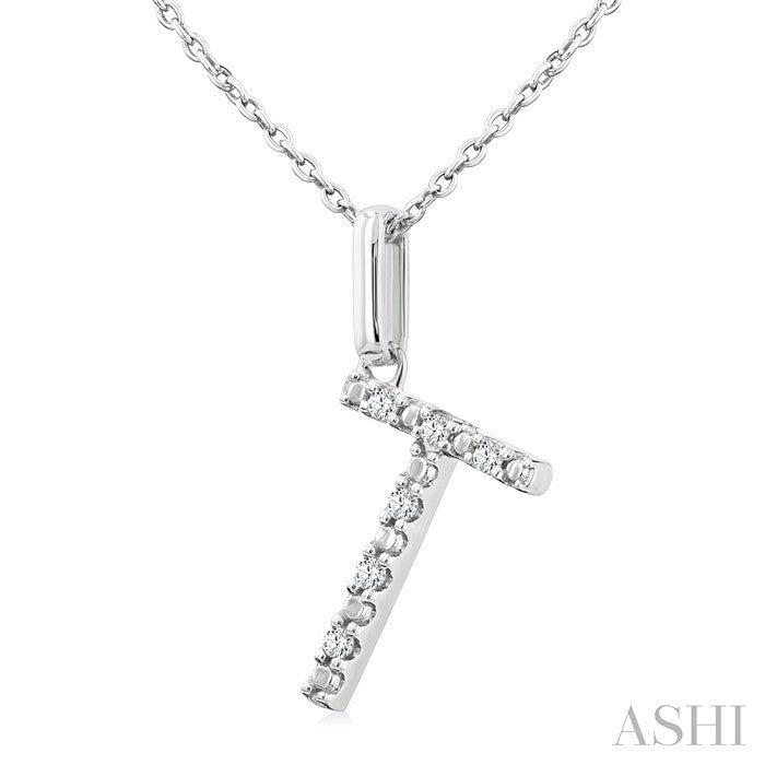 1/20 Ctw Initial 'T' Round Cut Diamond Fashion Pendant With Chain in Sterling Silver