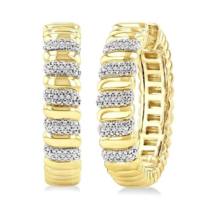 1/10 Ctw Bold Ribbed Swirl Round Cut Diamond Pirouette Fashion Hoop Earrings in Yellow Gold Vermeil