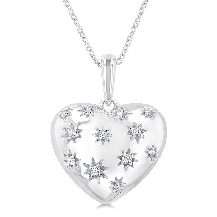 1/10 Ctw Bold Star Engraved Puffed Heart Round Cut Diamond Pendant With Chain in Sterling Silver