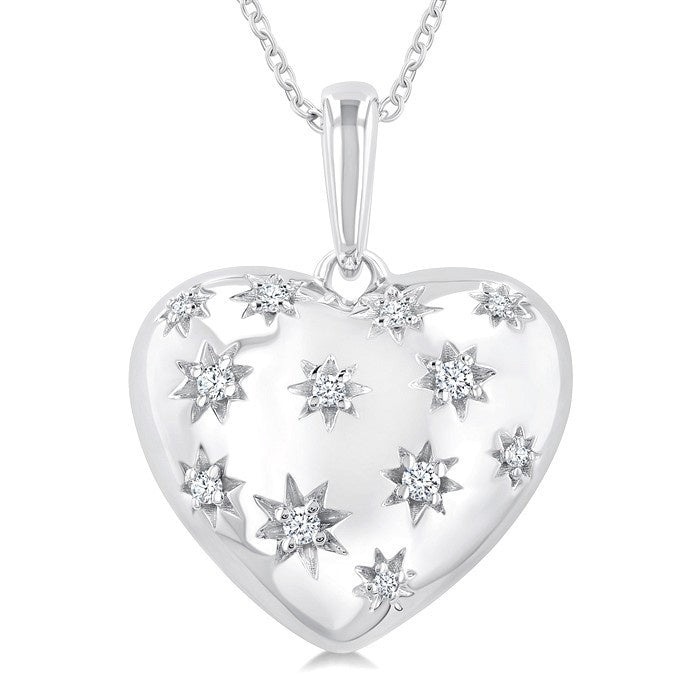 1/10 Ctw Bold Star Engraved Puffed Heart Round Cut Diamond Pendant With Chain in Sterling Silver