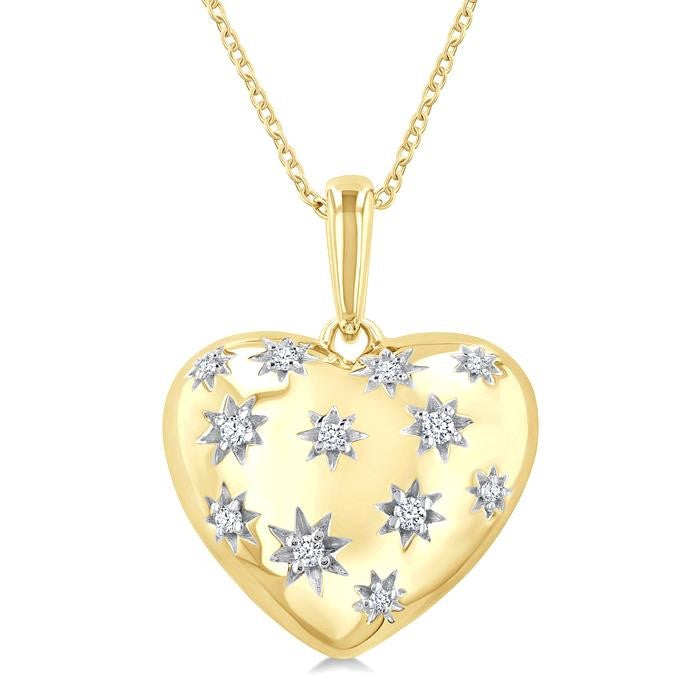 1/10 Ctw Bold Star Engraved Puffed Heart Round Cut Diamond Pendant With Chain in Yellow Gold Vermeil
