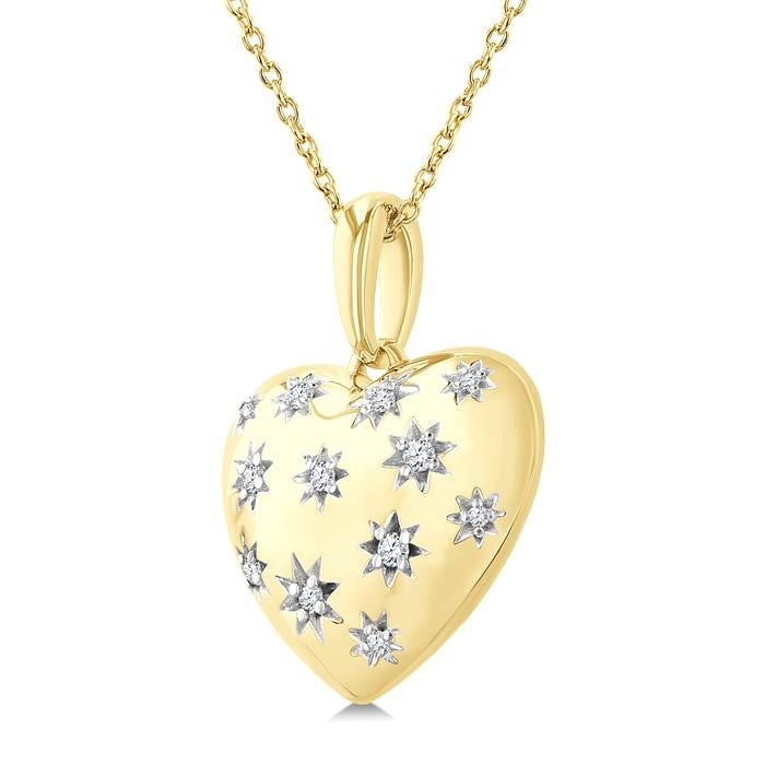 1/10 Ctw Bold Star Engraved Puffed Heart Round Cut Diamond Pendant With Chain in Yellow Gold Vermeil