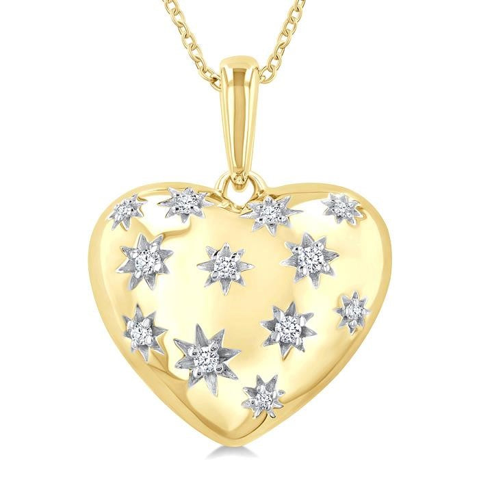 1/10 Ctw Bold Star Engraved Puffed Heart Round Cut Diamond Pendant With Chain in Yellow Gold Vermeil