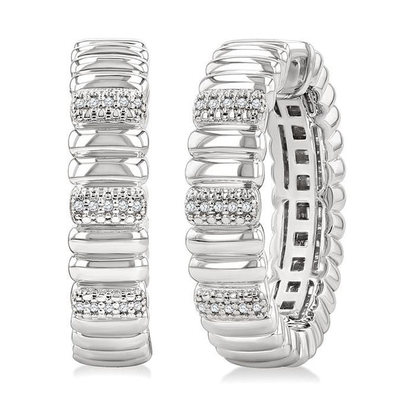 1/10 Ctw Wide Ribbed Plain Polished and Round Cut Diamond Pirouette Bold Fashion Hoop Earrings in Sterling Silver