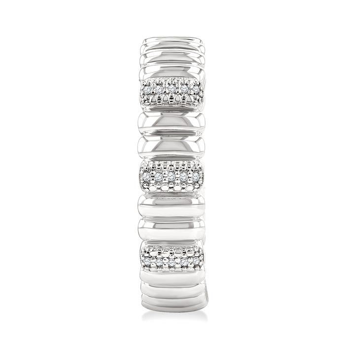 1/10 Ctw Wide Ribbed Plain Polished and Round Cut Diamond Pirouette Bold Fashion Hoop Earrings in Sterling Silver