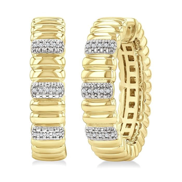 1/10 Ctw Bold Ribbed Round Cut Diamond Pirouette Fashion Hoop Earrings in Yellow Gold Vermeil