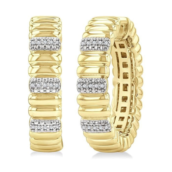 1/10 Ctw Bold Ribbed Round Cut Diamond Pirouette Fashion Hoop Earrings in Yellow Gold Vermeil