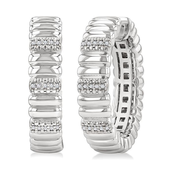 Silver Bold Ribbed Diamond Hoop Earrings