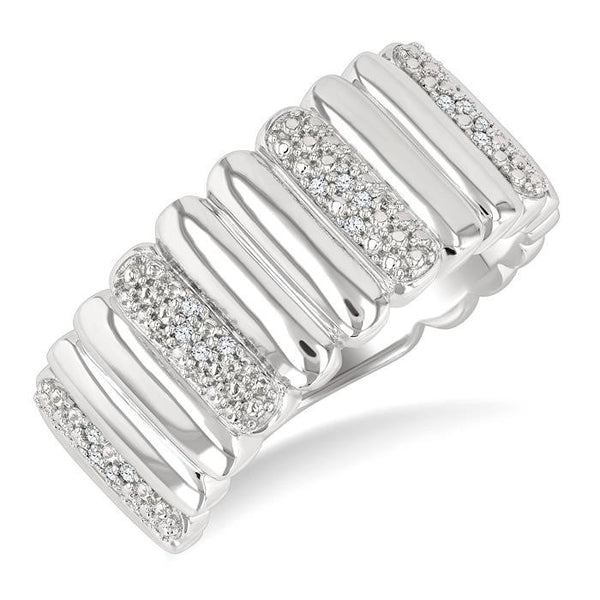 1/10 Ctw Wide Ribbed Plain Polished and Round Cut Diamond Pirouette Bold Fashion Band in Sterling Silver
