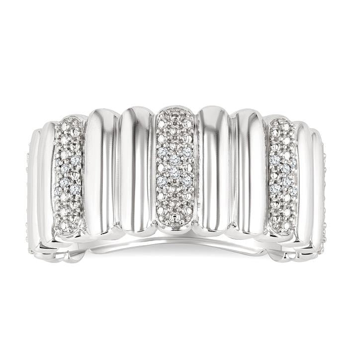 1/10 Ctw Wide Ribbed Plain Polished and Round Cut Diamond Pirouette Bold Fashion Band in Sterling Silver