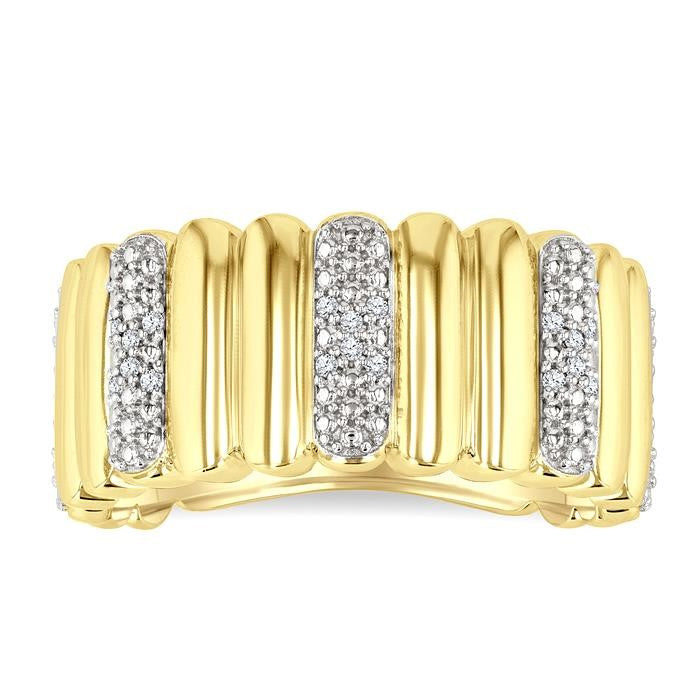 1/10 Ctw Bold Ribbed Round Cut Diamond Pirouette Fashion Wide Band in Yellow Gold Vermeil
