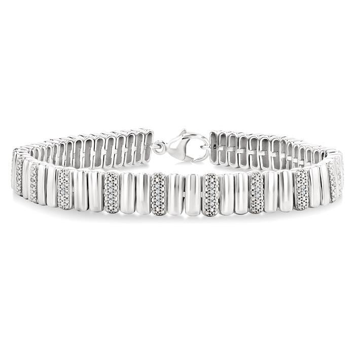 1/6 Ctw Wide Ribbed Plain Polished and Round Cut Diamond Pirouette Bold Bracelet in Sterling Silver