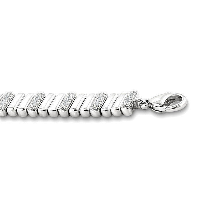 1/6 Ctw Wide Ribbed Plain Polished and Round Cut Diamond Pirouette Bold Bracelet in Sterling Silver