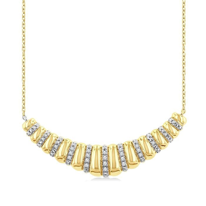 1/10 Ctw Bold Puff Ribbed Curve Round Cut Diamond Pirouette Fashion Pendant With Chain in Yellow Gold Vermeil