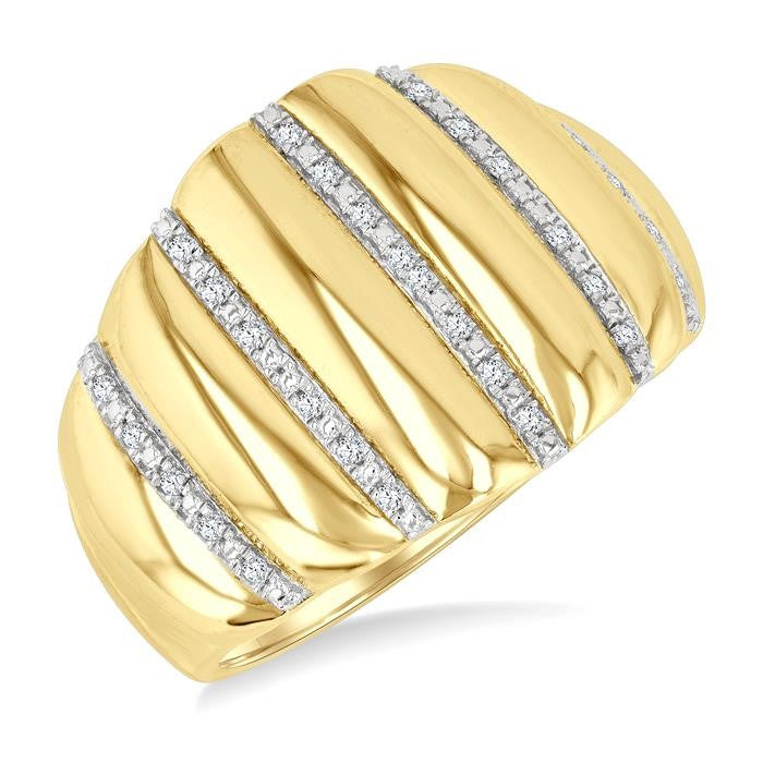 1/10 Ctw Bold Puffed Rib Round Cut Diamond Pirouette Fashion Wide Band in Yellow Gold Vermeil