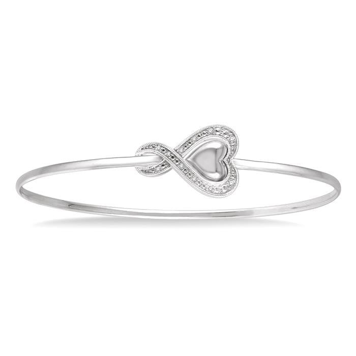 1/20 Ctw Twisted Heart Charm Round Cut Diamond Flexi Bangle in Sterling Silver