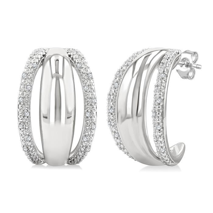 1/10 Ctw Split Dome Shape Round Cut Diamond Bold Half Hoop Earrings in Sterling Silver