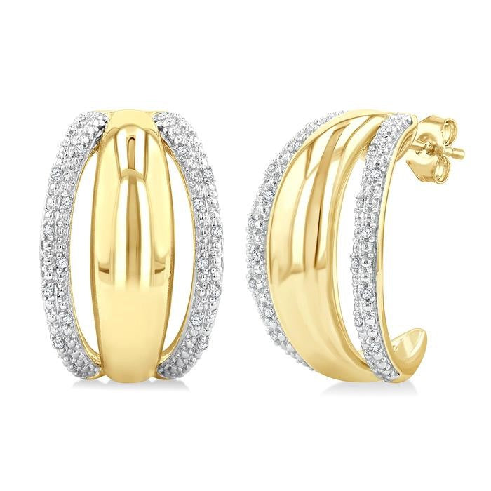 1/10 Ctw Bold Double Split Dome Shape Round Cut Diamond Fashion Half Hoop Earrings in Yellow Gold Vermeil